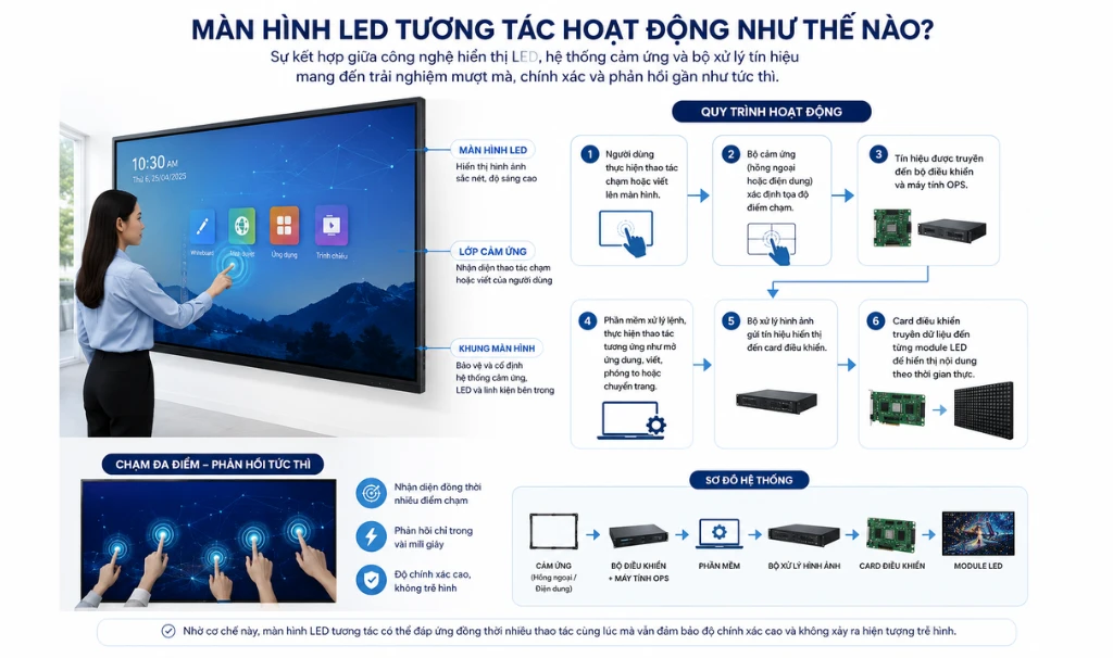 Màn hình LED tương tác là gì? Cấu tạo, tính năng, ứng dụng và báo giá 8 nguyên lý hoạt động của màn hình led cảm ứng