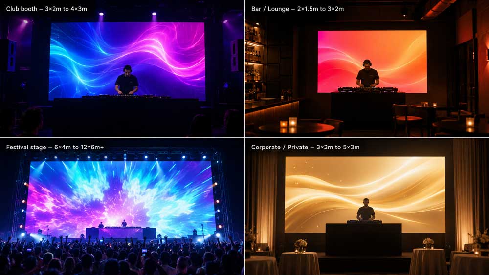 Thiết kế sân khấu quán bar: Bố cục, ánh sáng và màn hình LED 6 màn hình led lớn phía sau DJ Booth